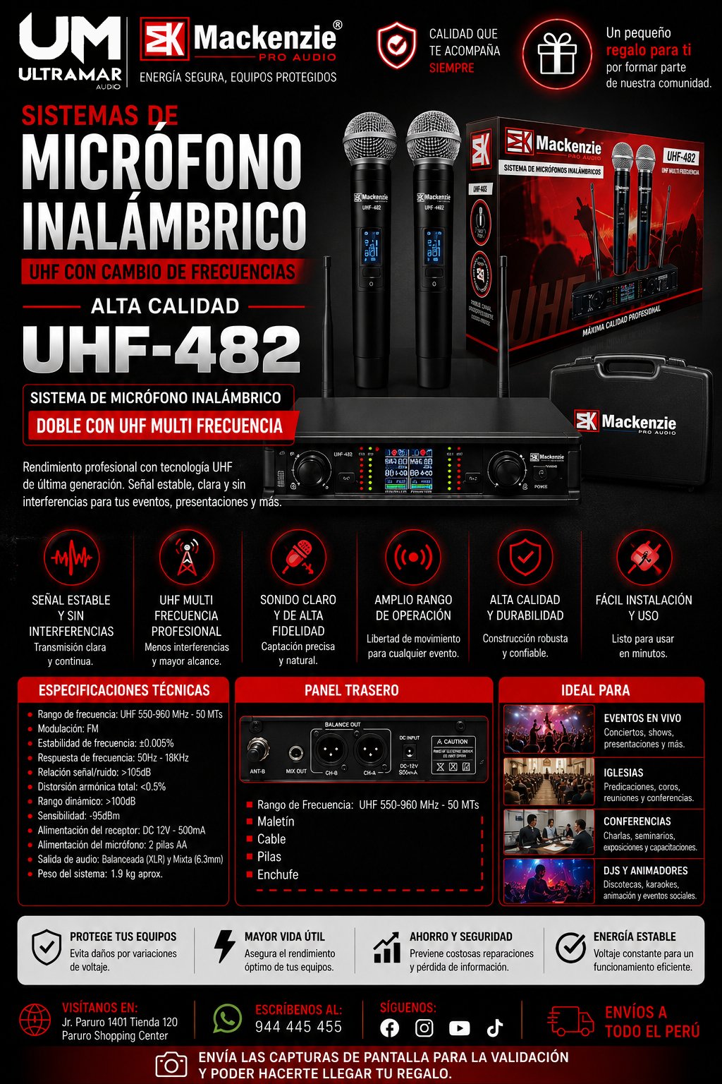 MACKENZIE UHF-482 Sistema de Micrófono Inalámbrico Doble con UHF Multi Frecuencia