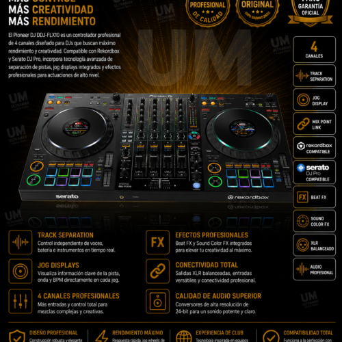 PIONEER DDJ-FLX10 Controlador DJ de 4 canales para múltiples aplicaciones de DJ (negro)