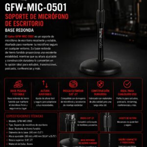 Gator GFW-MIC-0501 Soporte de Micrófono de Escritorio, base redonda