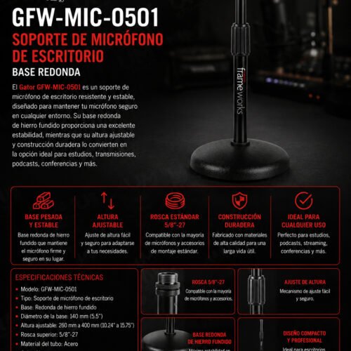 Gator GFW-MIC-0501 Soporte de Micrófono de Escritorio, base redonda