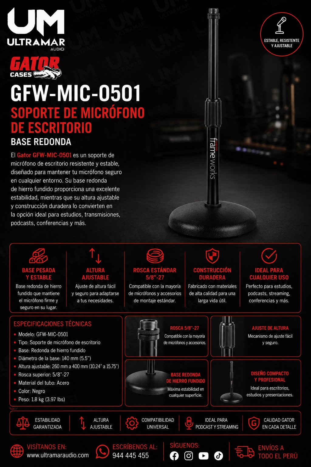 Gator GFW-MIC-0501 Soporte de Micrófono de Escritorio, base redonda