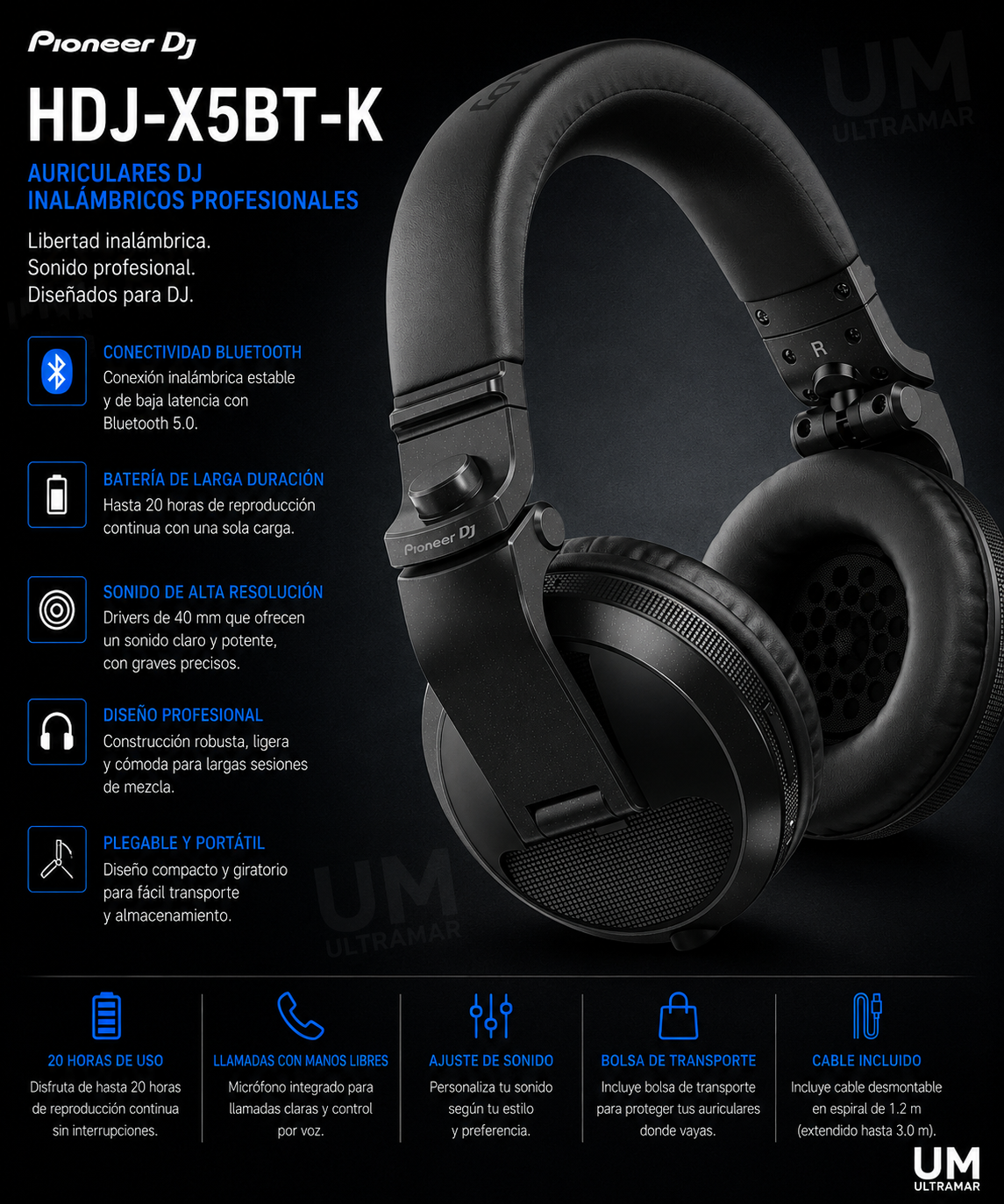 Pioneer HDJ-X5BT-K Audífonos circumaurales para DJ con funcionalidad Bluetooth® (negro)