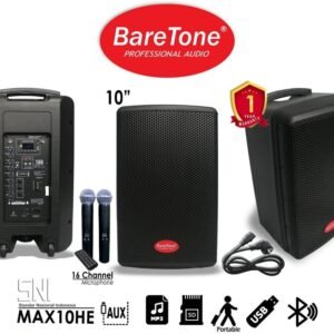BareTone Max-10HE Parlante Activo 10″ a Bateria Recargable con 2 Microfonos Inalambricos UHF