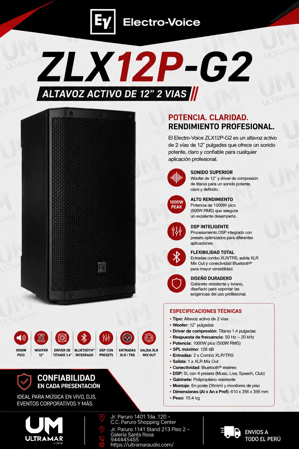 ELECTRO VOICE ZLX12P-G2 Parlante Activo de 12" 1000w