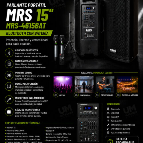 Parlante Portátil MRS 15” MRS-4615BAT Bluetooth con Batería