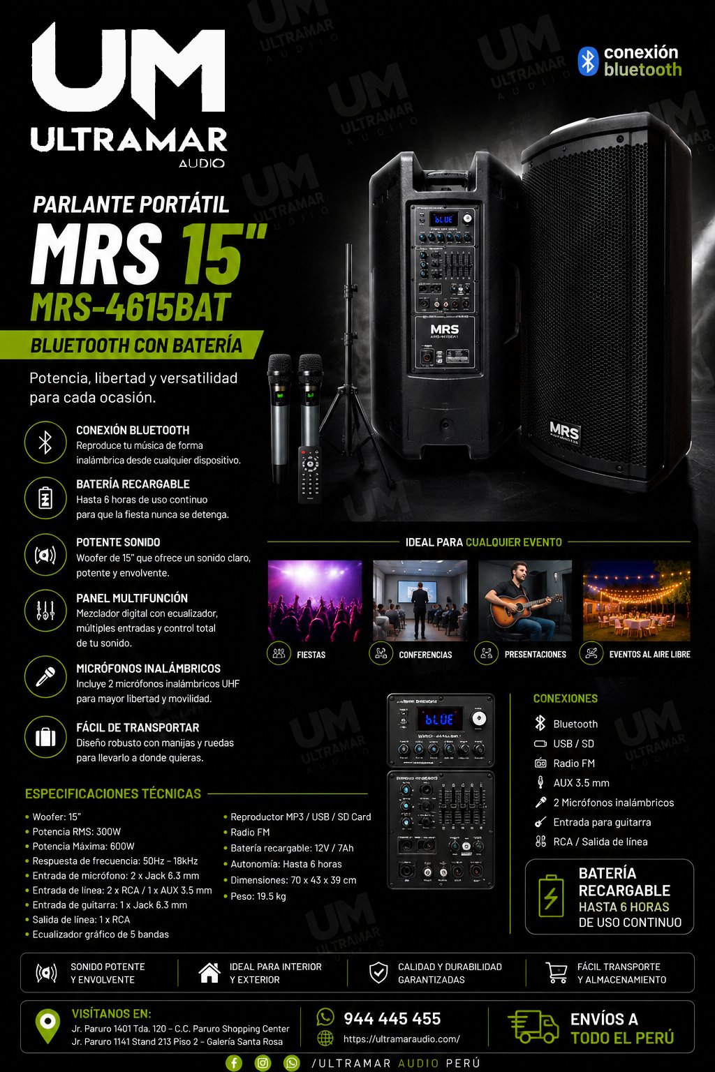 Parlante Portátil MRS 15” MRS-4615BAT Bluetooth con Batería