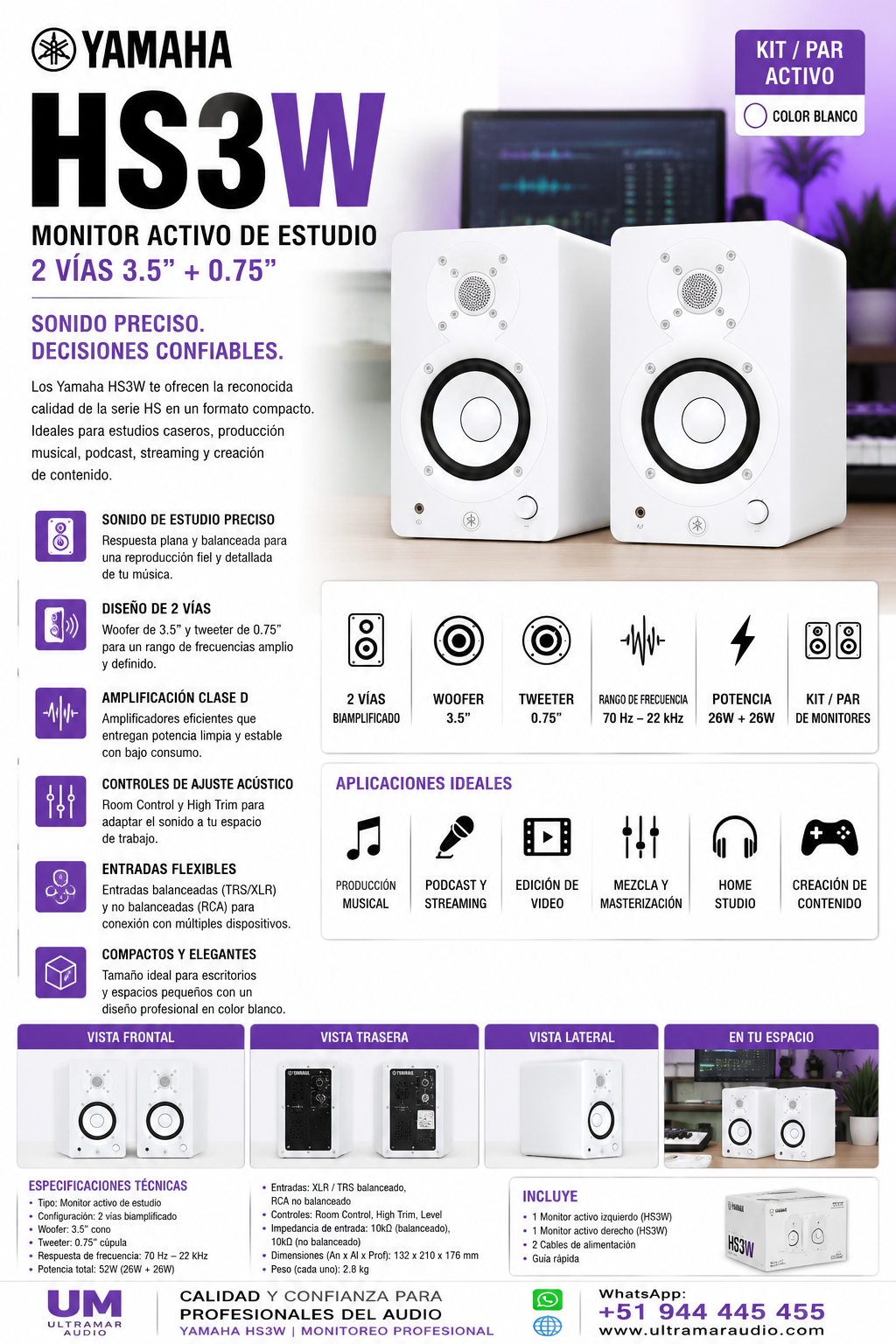 Yamaha HS3W Monitores de estudio de 3.5″ Blanco