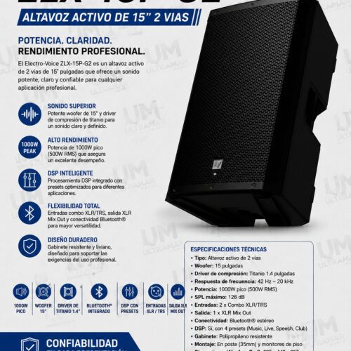 ELECTRO-VOICE ZLX-15P-G2 Parlante Activo 15" 1000w BT