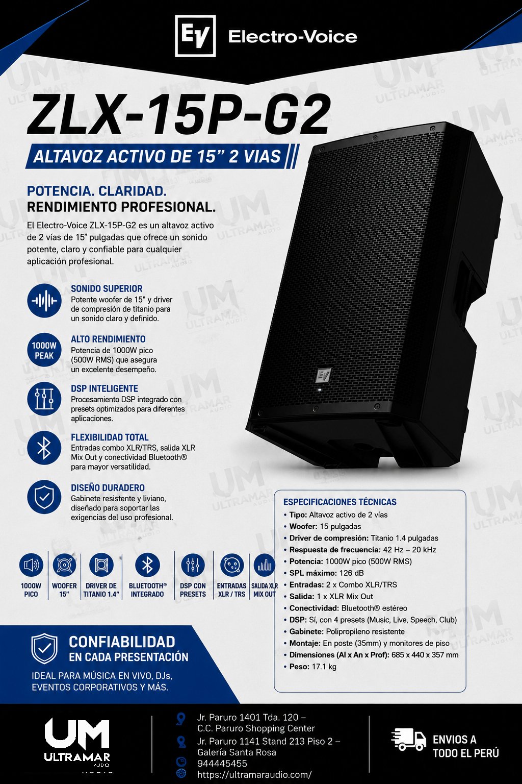 ELECTRO-VOICE ZLX-15P-G2 Parlante Activo 15" 1000w BT