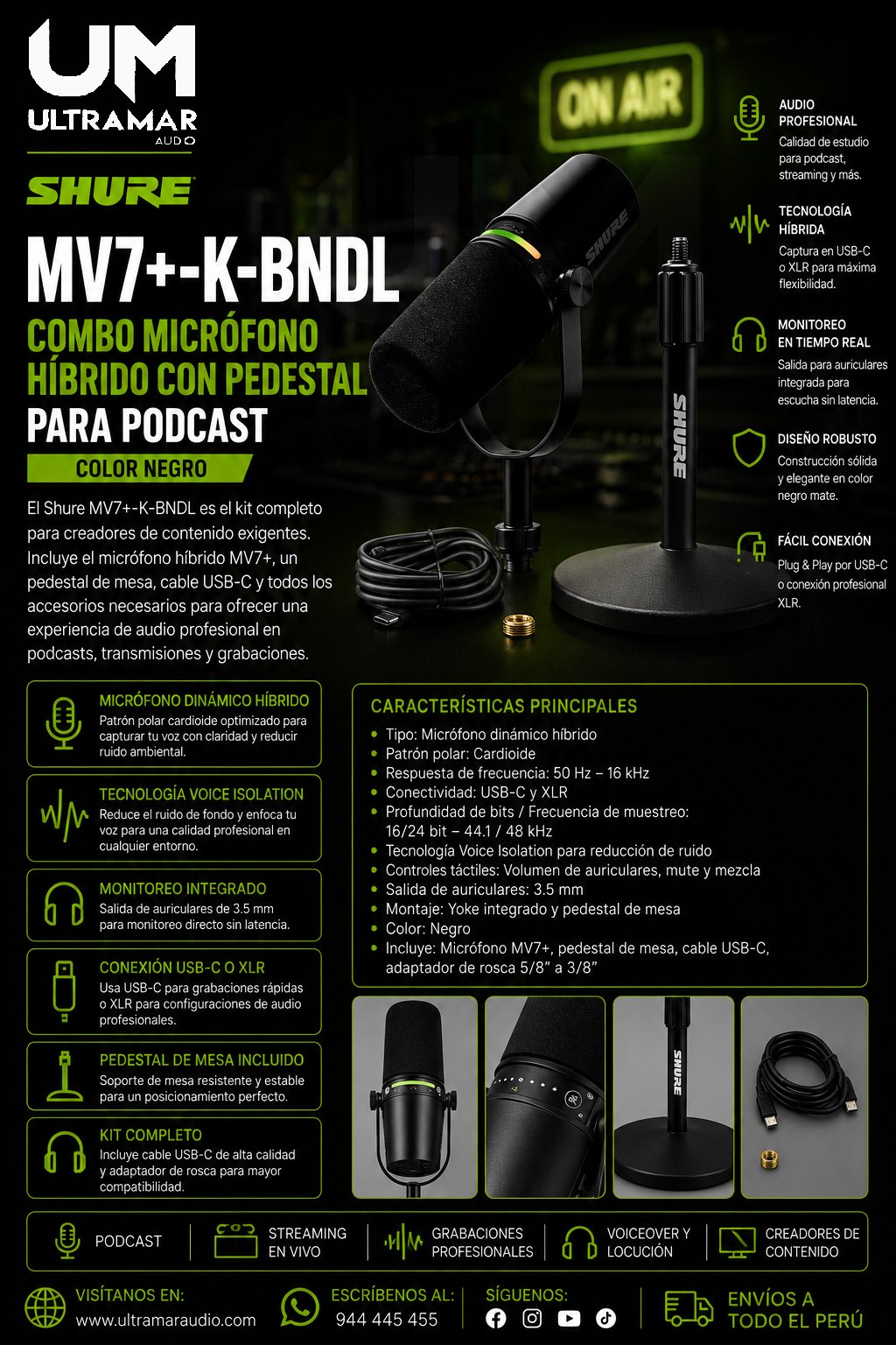Shure MV7+-K-BNDL – Combo Micrófono híbrido con pedestal de mesa para podcast color Negro
