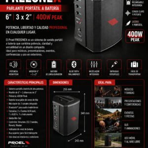 PROEL FREEONEX Parlante Portátil a Batería   6", 3 x 2", 400w Peak, hasta 10 horas