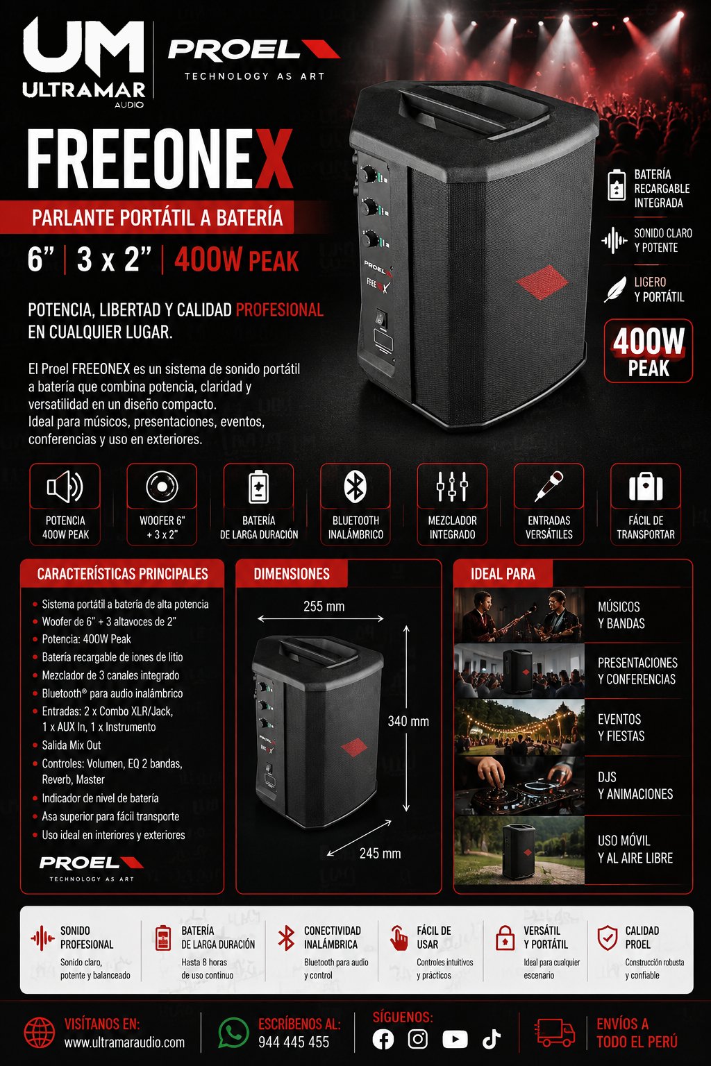 PROEL FREEONEX Parlante Portátil a Batería 6", 3 x 2", 400w Peak, hasta 10 horas