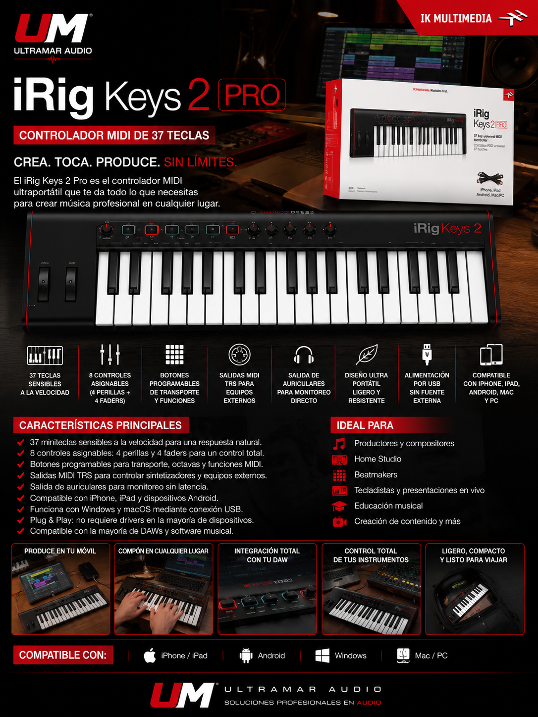 IK MULTIMEDIA IRIG-KEYS2PRO-IN Controlador MIDI USB de 37 Teclas