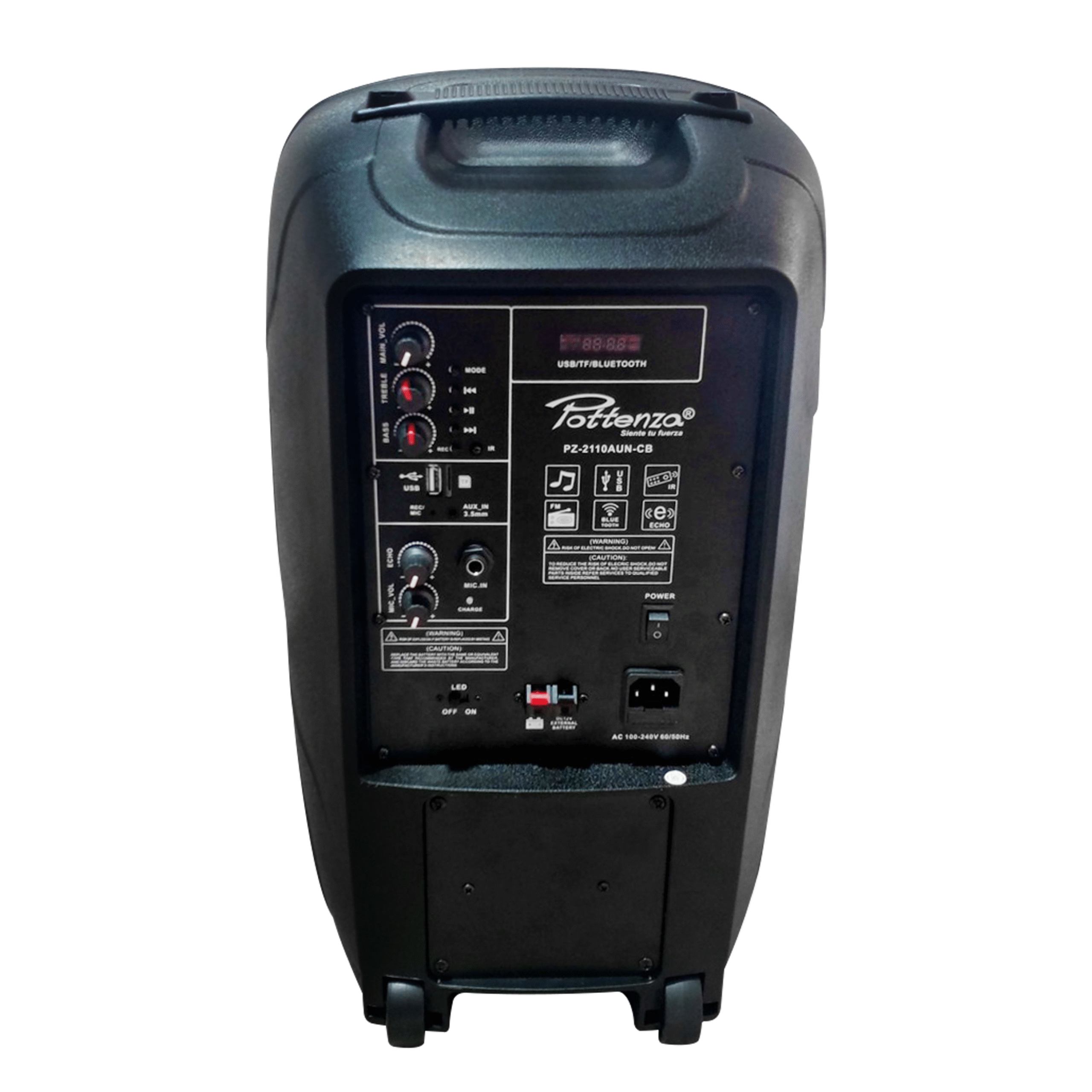 POTTENZA PZ-2110AUN-CB Caja acústica activa 10″ 400W RMS con USB, BLUETOOTH, RADIO, con batería recargable, Micrófono inalámbrico con led RGB - Imagen 4