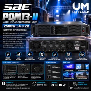 SAE  PQM13-II Amplificador Power Light  2500W x 4 * 2 Ohm Neutrik Speakon NL4