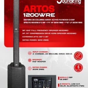 SOUNDKING ARTOS 1200WRE SISTEMA DE COLUMNA ARRAY ACTIVO PLYWOOD/PP C/DSP – EFECTO REVERB 6*3 MF + 1*1″ HF 180W RMS + 1*12″ LF 300W RMS BT TWS