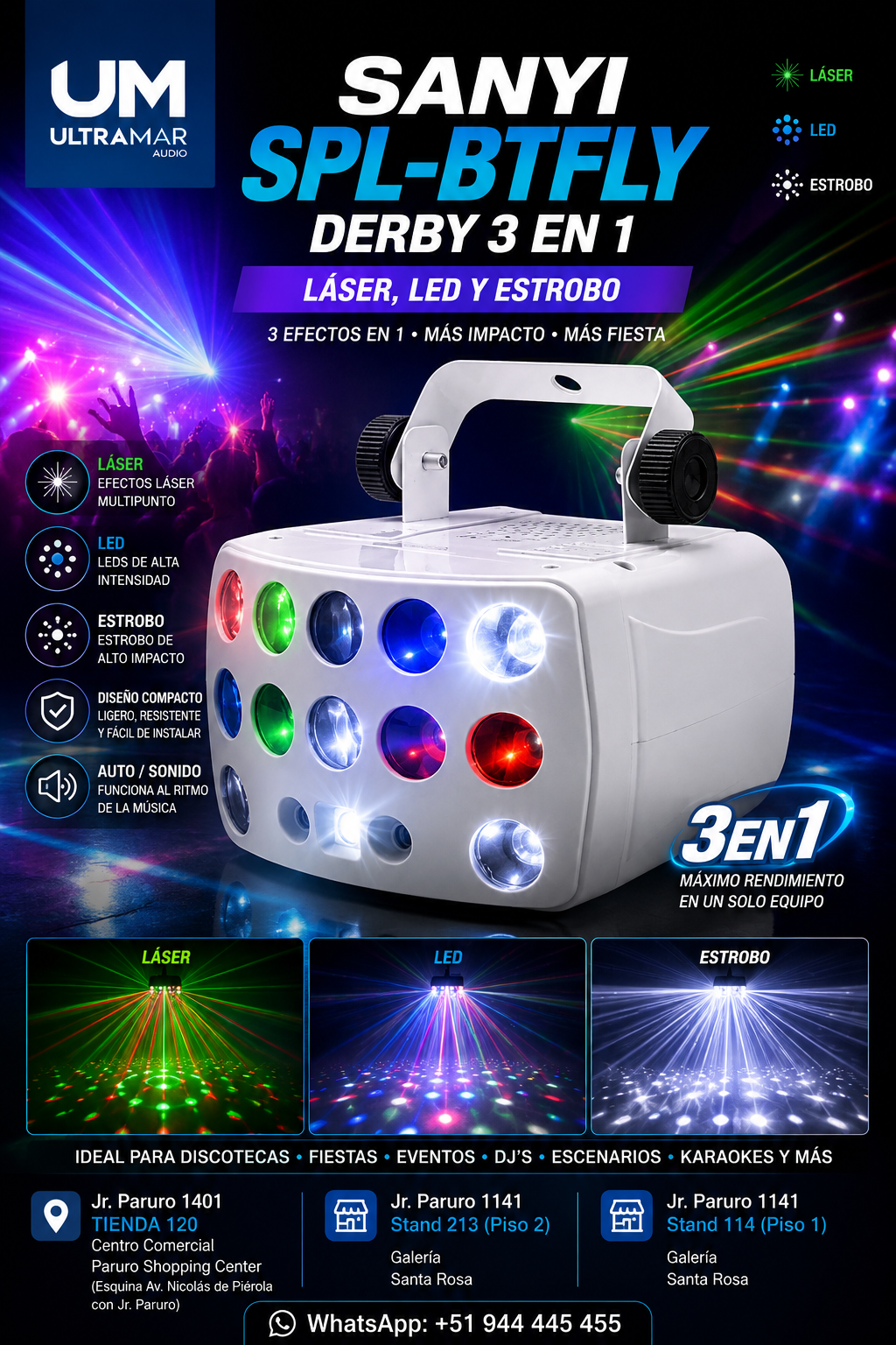 SANYI SPL-BTFLY DERBY 3 EN 1 LÁSER, LED Y ESTROBO - Imagen 2