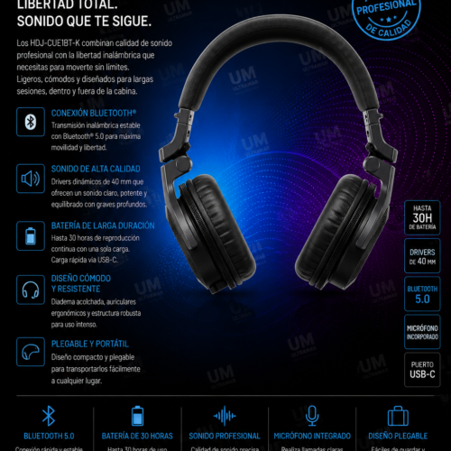 Pioneer DJ HDJ-CUE1-BT-K Auriculares Bluetooth para DJ – Negro