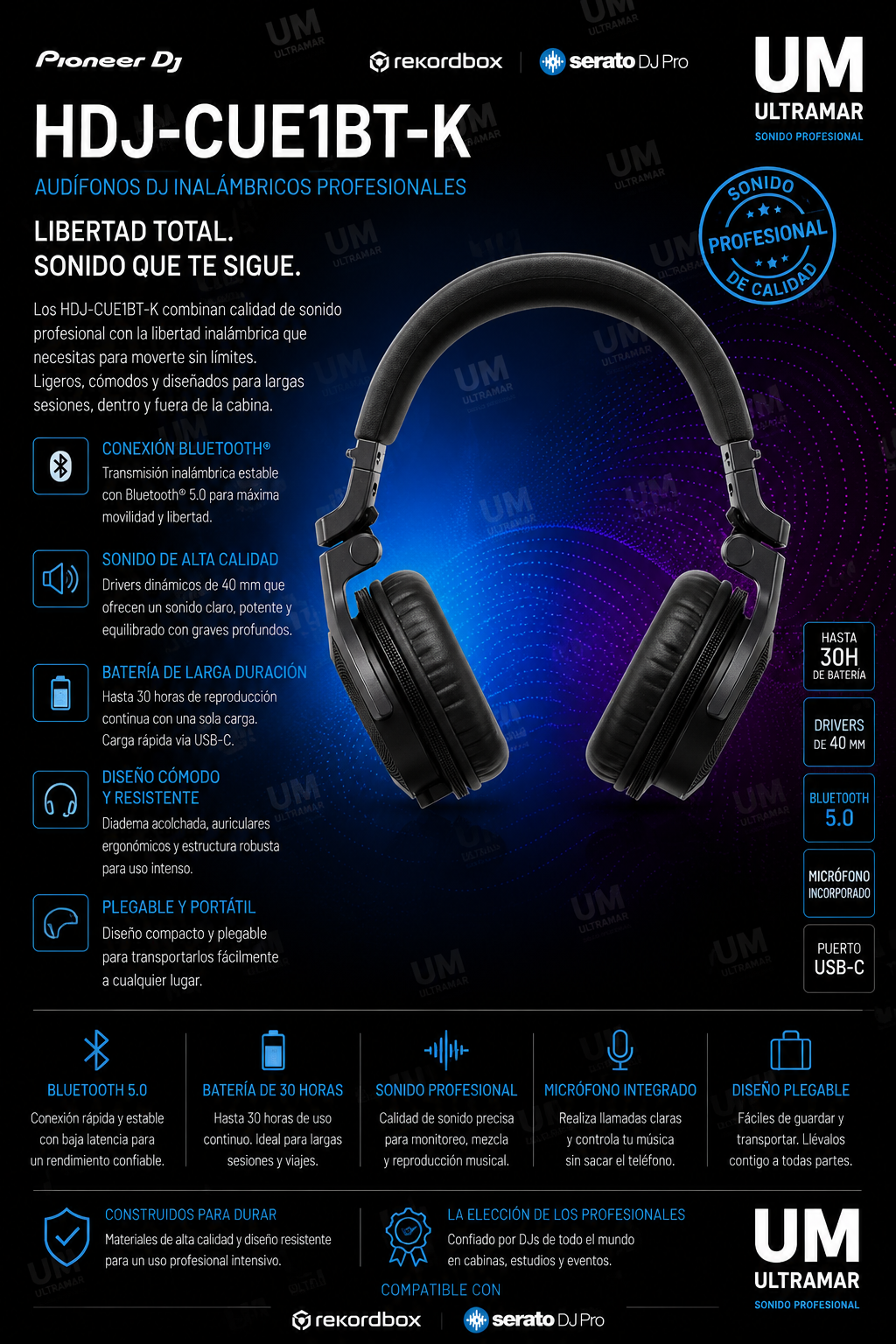 Pioneer DJ HDJ-CUE1-BT-K Auriculares Bluetooth para DJ – Negro