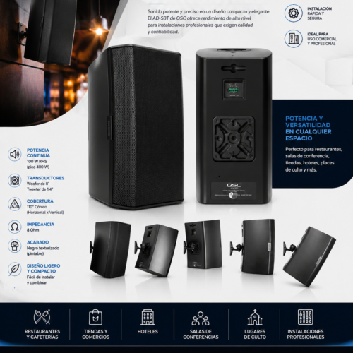 QSC AD-S8T-BK 8" NEGRO Two-way surface speaker, 70/100V
