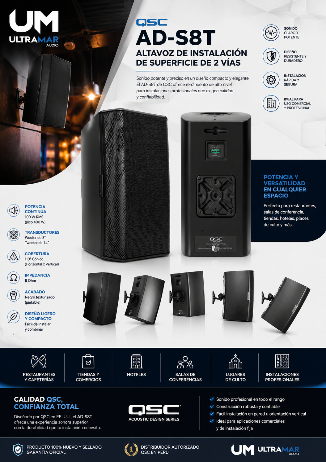 QSC AD-S8T-BK 8" NEGRO Two-way surface speaker, 70/100V