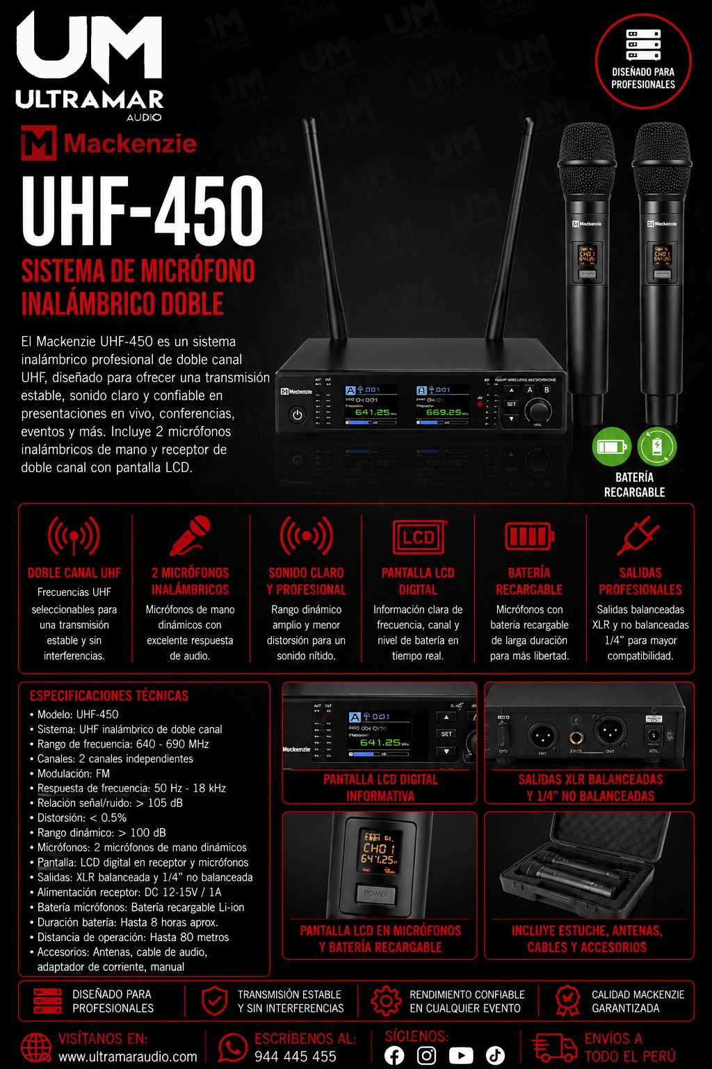 Mackenzie UHF-450 Sistema de Micrófono Inalámbrico Doble