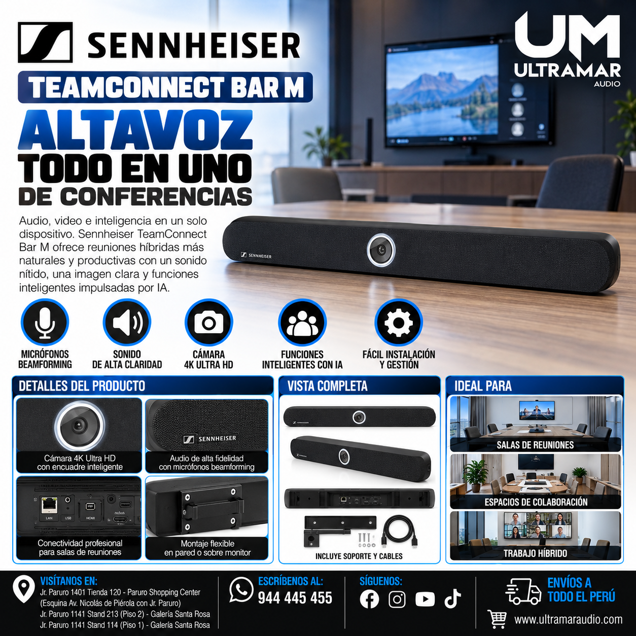 SENNHEISER TEAMCONNECT BAR M Altavoz todo en uno de conferencias con micrófonos y cámara incorporados