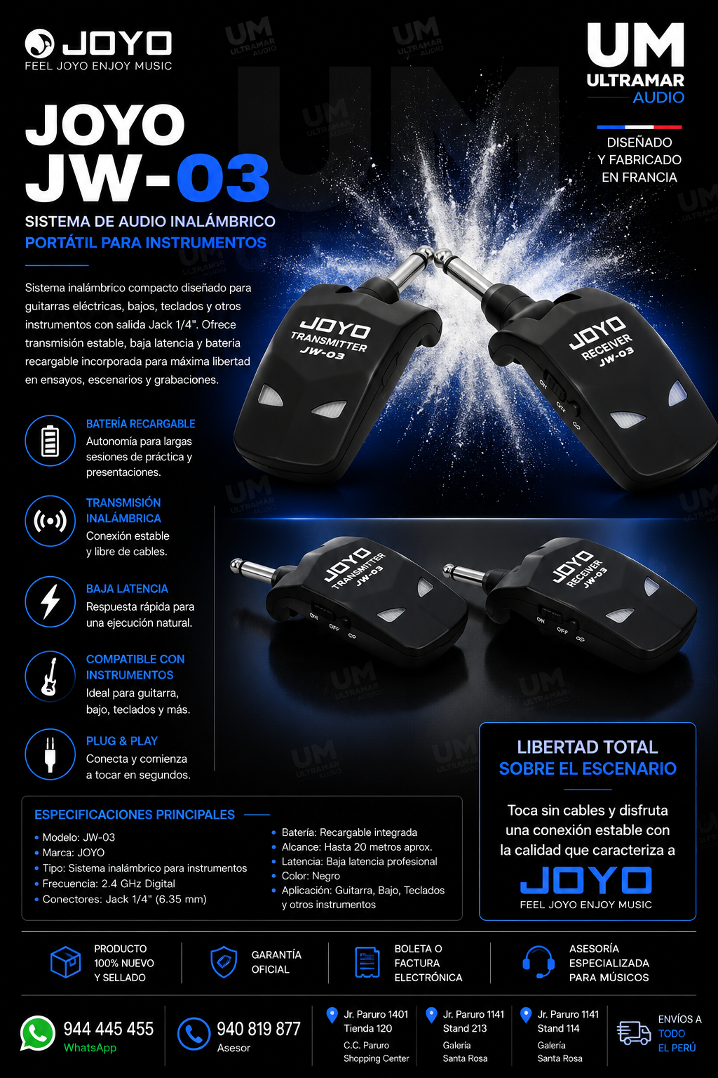 JOYO JW-03 SISTEMA DE AUDIO INALAMBRICO PORTATIL PARA INSTRUMENTOS CON BATERIA INCORPORADA - Imagen 3