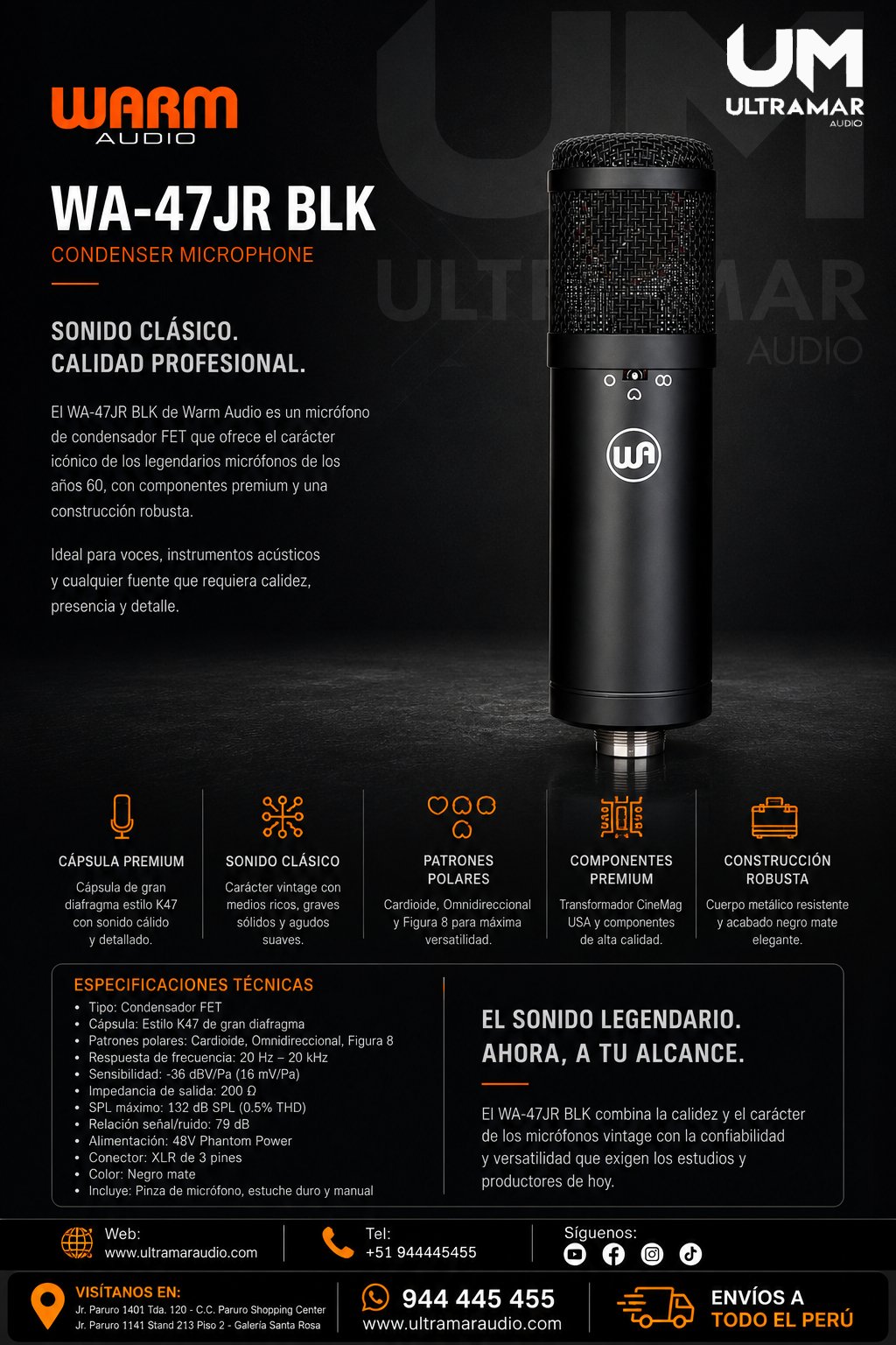 WARM AUDIO WA-47JR BLK CONDENSER MICROPHONE