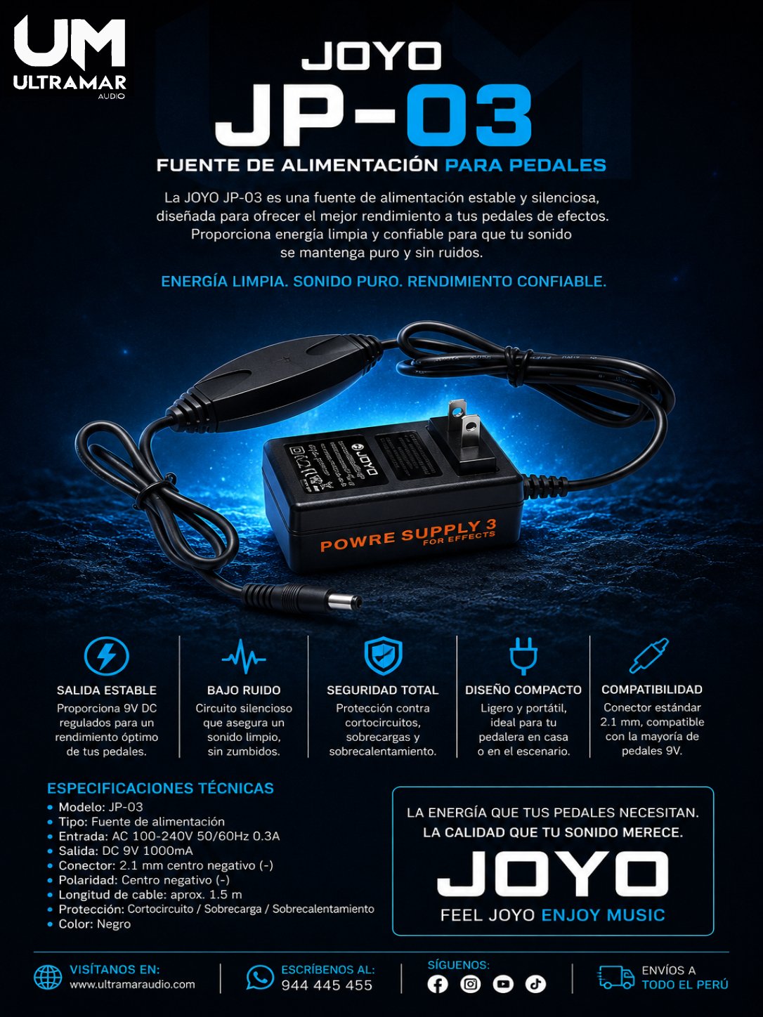 JOYO JP-03 FUENTE DE ALIMENTACIÓN P/ EFECTOS C/UNA SALIDA DE 9V/2A
