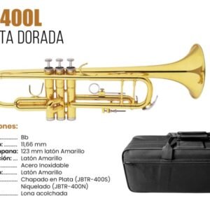 RISETONE JBTR-400L  TROMPETA DORADA, TONALIDAD SIB, DIAMETRO INTERIOR 11.66MM, CAMPANA 123MM, PISTONES DE ACERO INOXIDABLE