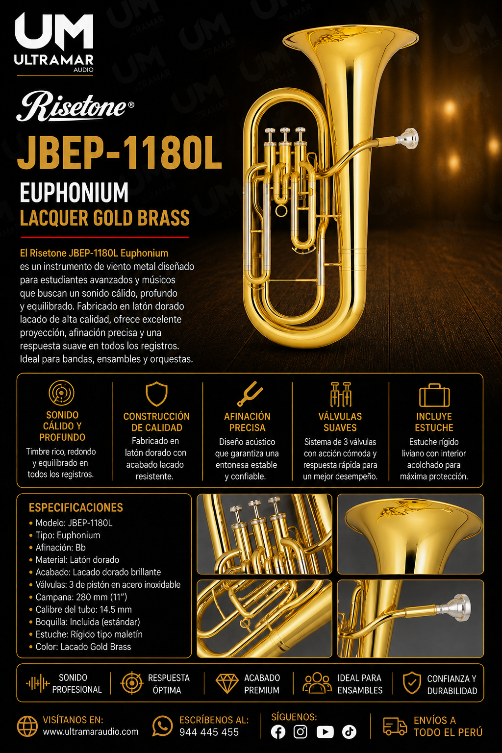 RISETONE JBEP-1180L EUPHONIUM LACQUER GOLD BRASS