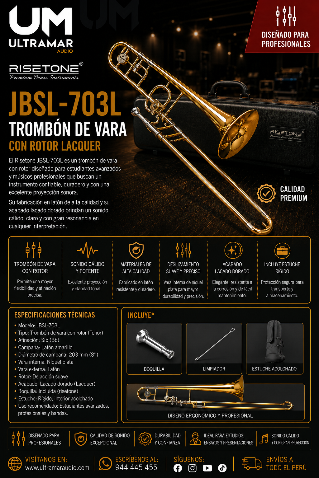 RISETONE JBSL-703L TROMBON DE VARA CON ROTOR LACQUER