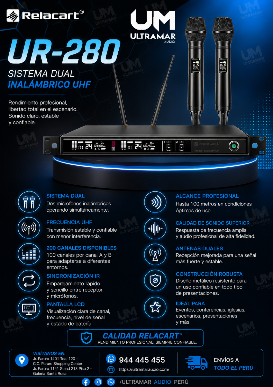 UR-280 Sistema de micrófono inalámbrico True Diversity de 2 canales