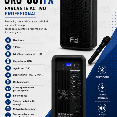STM ELECTRONICS SRS-801FX Altavoz Activo de 15" 1800W c/n Micrófono Inalámbrico UHF