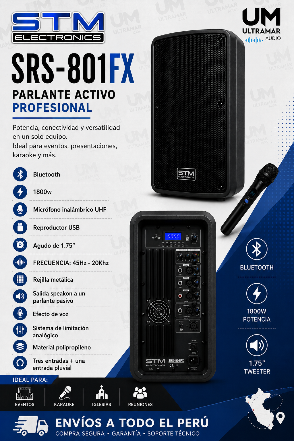 STM ELECTRONICS SRS-801FX Altavoz Activo de 15" 1800W c/n Micrófono Inalámbrico UHF