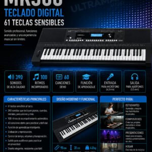 MEDELI MK300 Teclado, 61 teclas sensibles al tacto, LCD retroiluminado, pitch-bend, 2 x 15 W