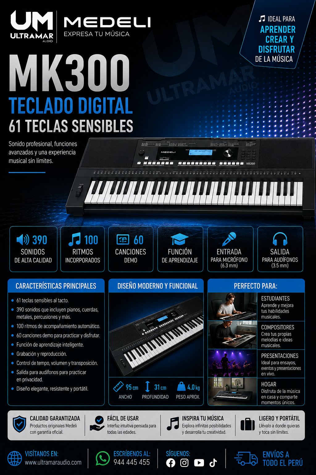 MEDELI MK300 Teclado, 61 teclas sensibles al tacto, LCD retroiluminado, pitch-bend, 2 x 15 W