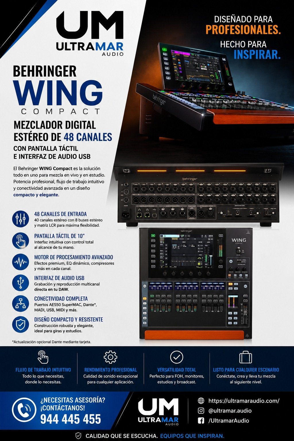 Behringer WING Compact Mezclador digital stéreo de 48 canales con pantalla táctil, interfaz de audio USB