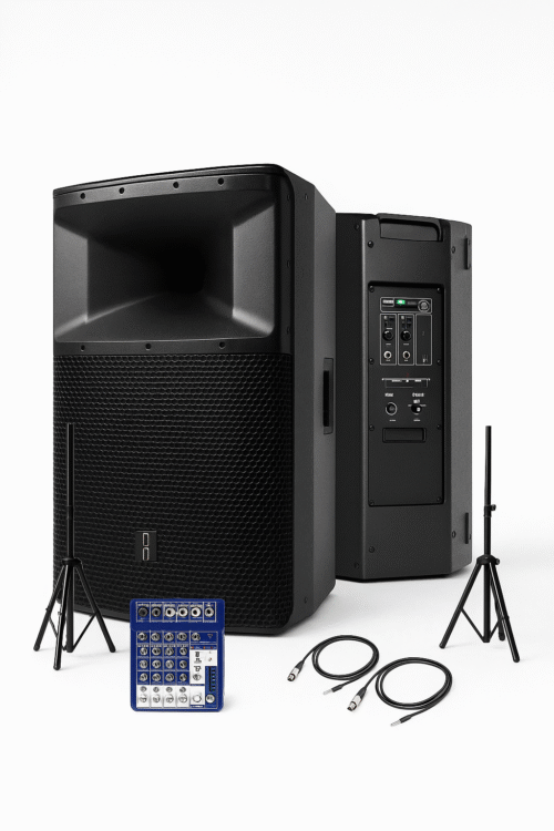 COMBO AUDIOCENTER SA315+ CON MEZCLADORA MRS STUDIO 12FX Y PEDESTALES
