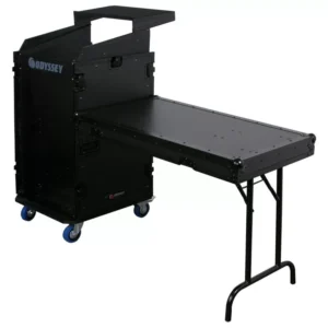 ODYSSEY FZGS1116WDLXBL Rack profesional vertical Deluxe negro de 11 U con parte superior inclinada y 16 U con parte inferior inclinada, con ruedas, mesa lateral y plataforma deslizante