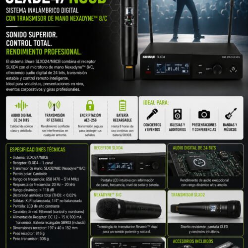Micrófono Inalámbrico SHURE SLXD24/N8CB Sistema Con Transmisor de Mano Nexadyne ™ 8/C