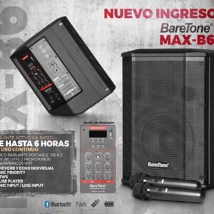BareTone MAX-B6 Parlante Portátil 6.5" con 2 micrófonos UHF