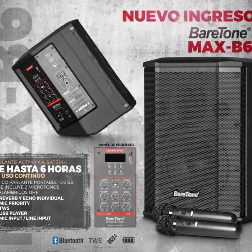 BareTone MAX-B6  Parlante Portátil 6.5" con 2 micrófonos UHF