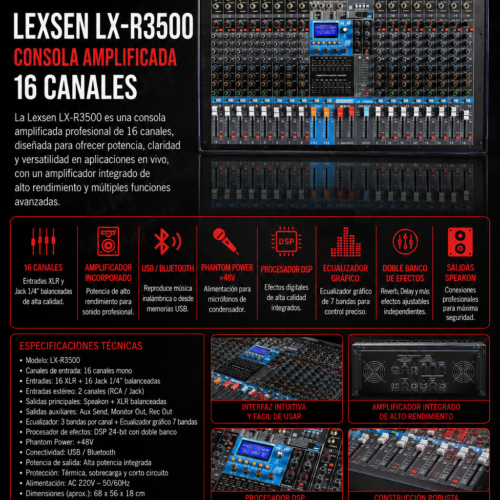 Lexsen LX-R3500 – Consola Mezcladora Amplificada de 16 Canales con Efectos y Conectividad Multimedia