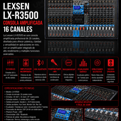 Lexsen LX-R3500 – Consola Mezcladora Amplificada de 16 Canales con Efectos y Conectividad Multimedia