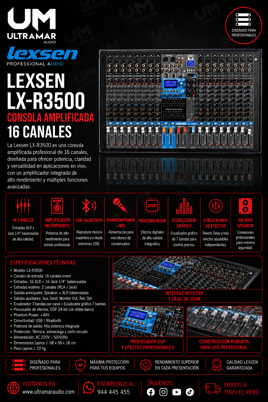 Lexsen LX-R3500 – Consola Mezcladora Amplificada de 16 Canales con Efectos y Conectividad Multimedia