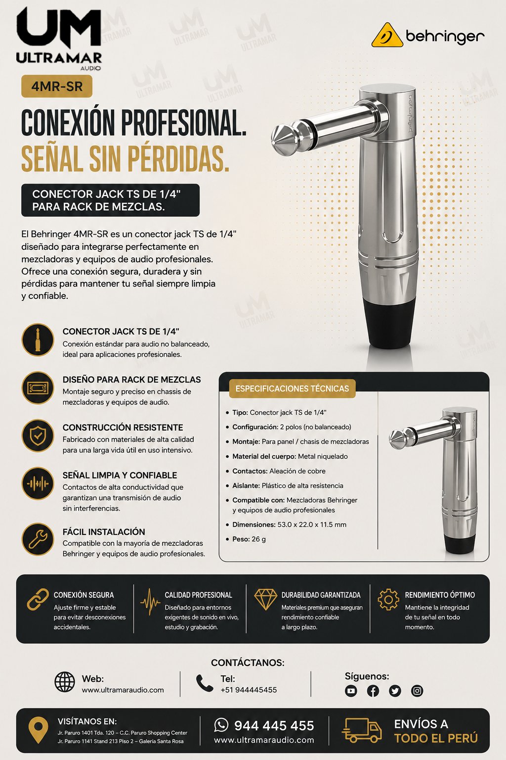 Behringer 4MR-SR Conector macho TS profesional en ángulo recto de 1/4"