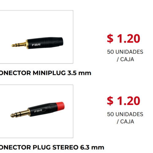 FBR Conectores Audio MiniPlug 3.5 mm y Plug 6.3 mm | Precio por Unidad (Caja x50)