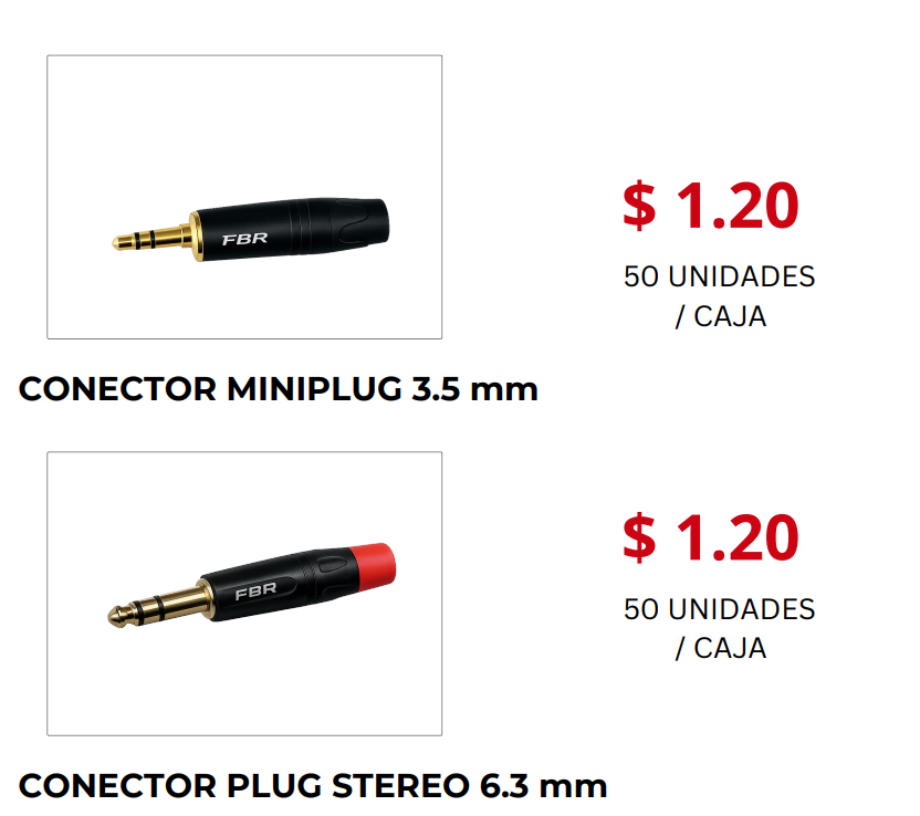 FBR Conectores Audio MiniPlug 3.5 mm y Plug 6.3 mm | Precio por Unidad (Caja x50)